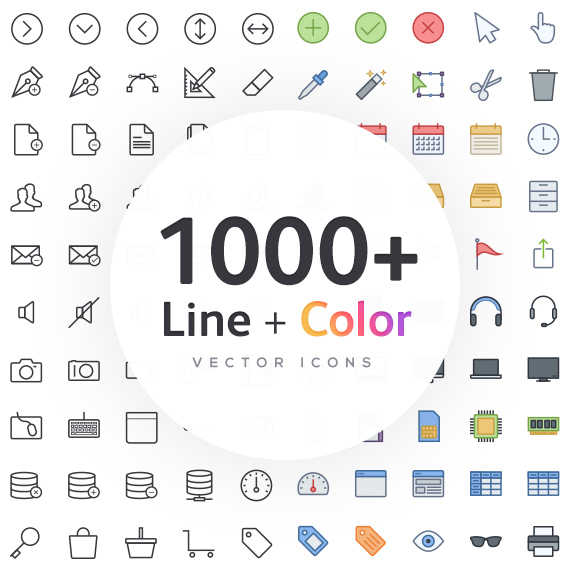 1000 line icons - monochrome and color